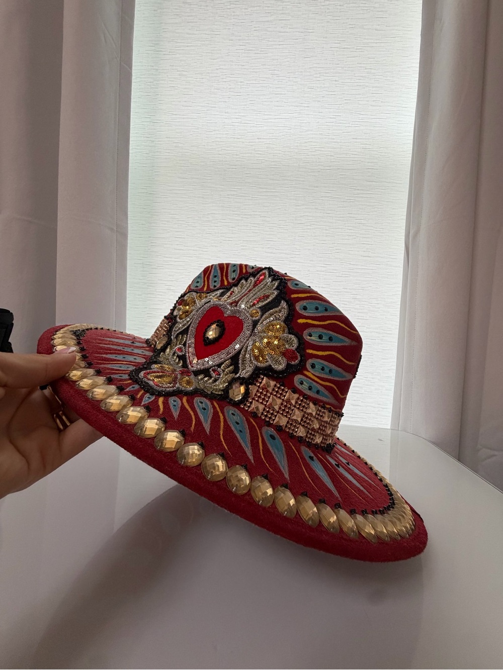 Hand-Embellished Red Women's Statement Hat with Gold Accents